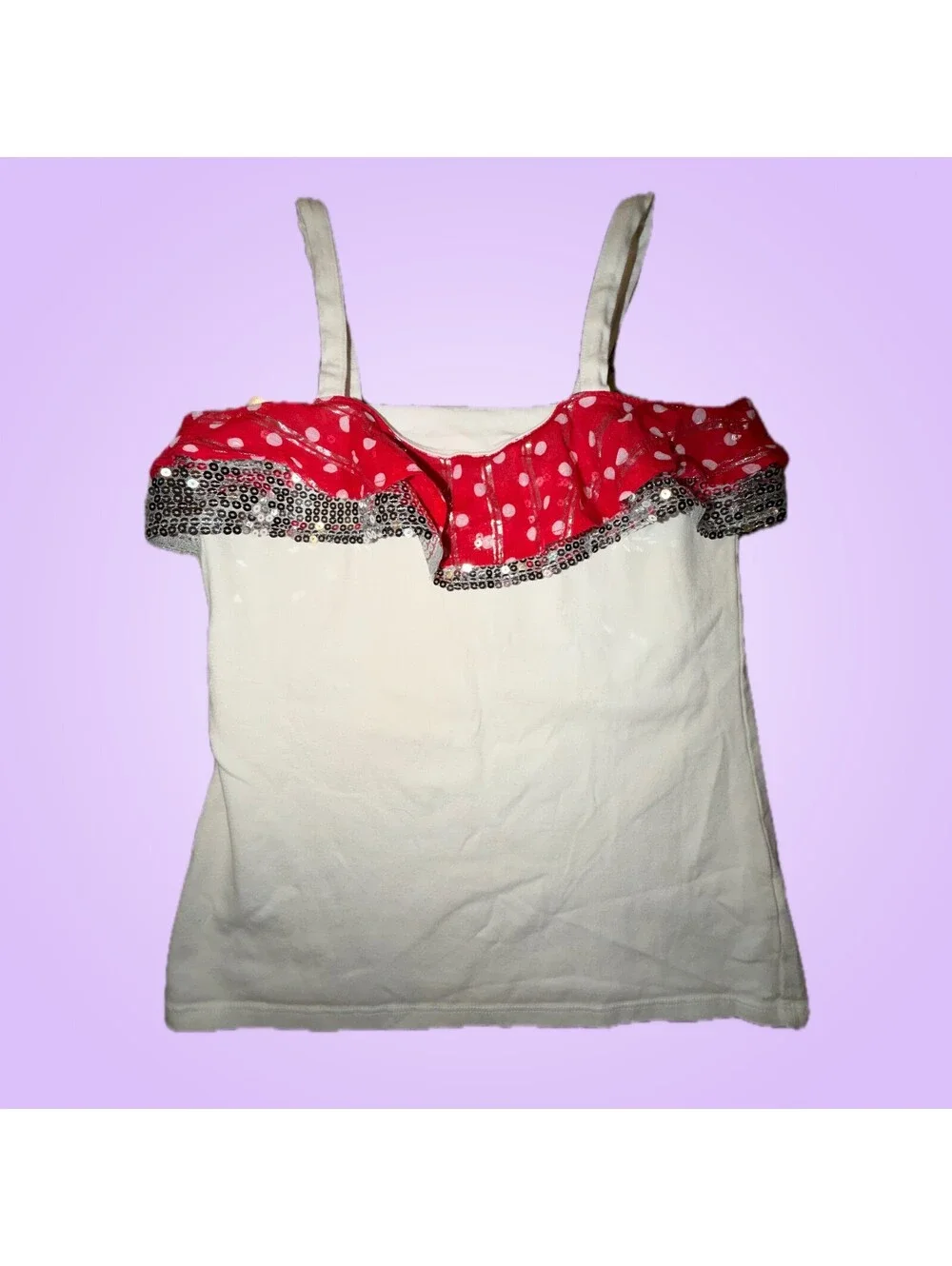 Girls Size 14 Justice Tank Top | White with Red & Silver Sequin Ruffle